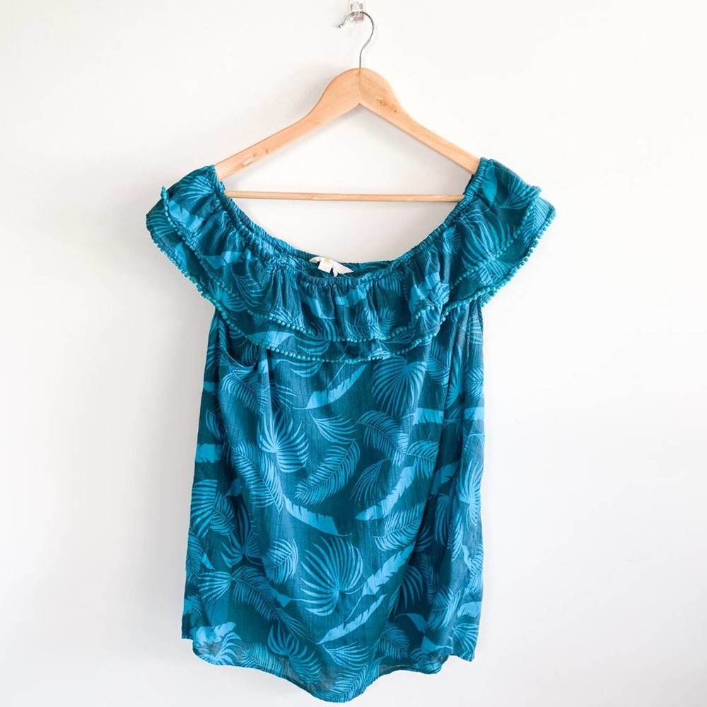 Boden Leaf Print Blue Green Blouse Top